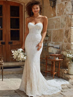Ivory Mermaid Corset Lace Sweep Train Wedding Dress