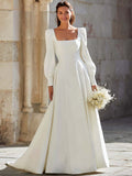 Simple Ivory Square Neck A-Line Sweep Train Wedding Dress with Sleeves
