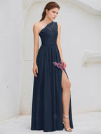 Dark Navy A-Line One Shoulder Floor-Length Lace Chiffon Bridesmaid Dress