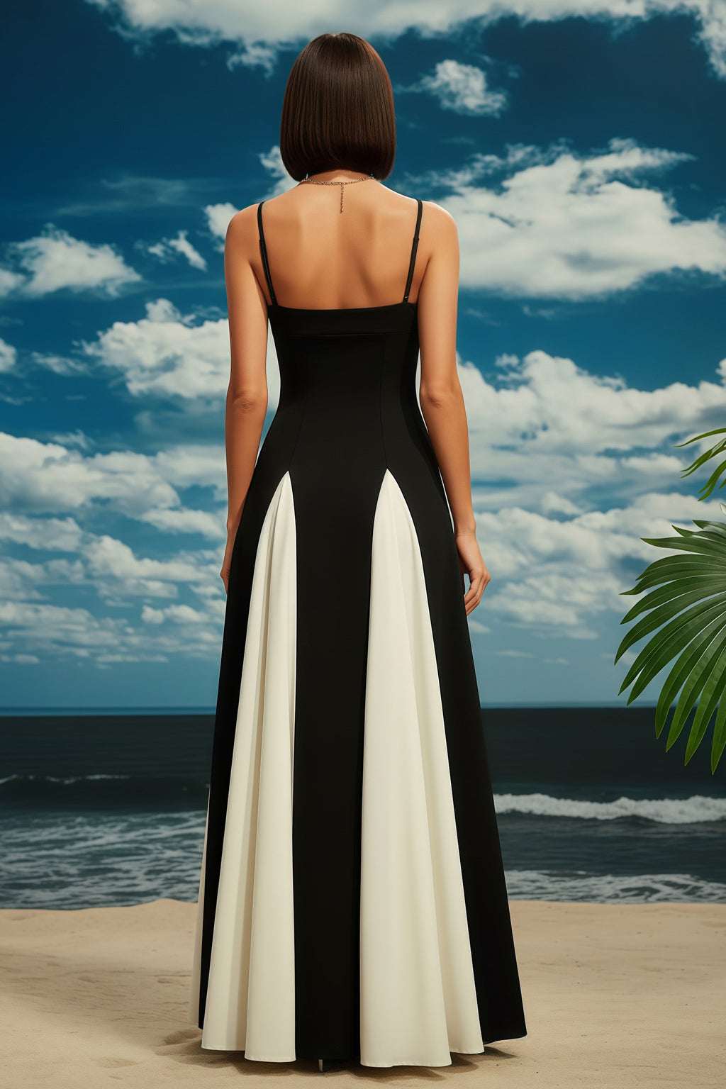 Elegant Spaghetti Strap Maxi Dress with Contrast Panel Skirt