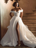 White Off the Shoulder A Line Sweep Train Wedding Dress with Slit