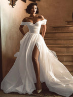White Off the Shoulder A Line Sweep Train Wedding Dress with Slit