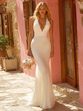 Simple Ivory Mermaid Halter Sweep Train Wedding Dress