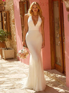 Simple Ivory Mermaid Halter Sweep Train Wedding Dress