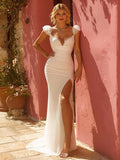 Simple Ivory Sweep Train Mermaid Wedding Dress with Slit