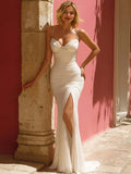 Ivory Spaghetti Straps Mermaid Floor-Length Wedding Dress with Slit