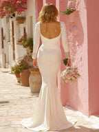 White Mermaid Ruched V-Neck Sweep Train Wedding Dress with Sleeves