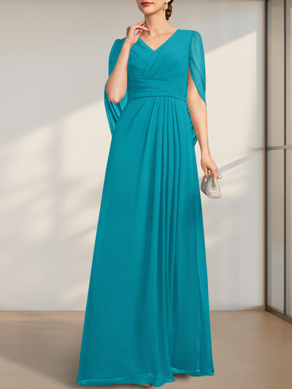 A-Linien V-Ausschnitt bodenlanges Chiffonkleid für die Brautmutter mit Falten