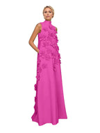 A Line High Neck Sleeveless Floor Length Stretch Crepe Dress With 3D Flowers