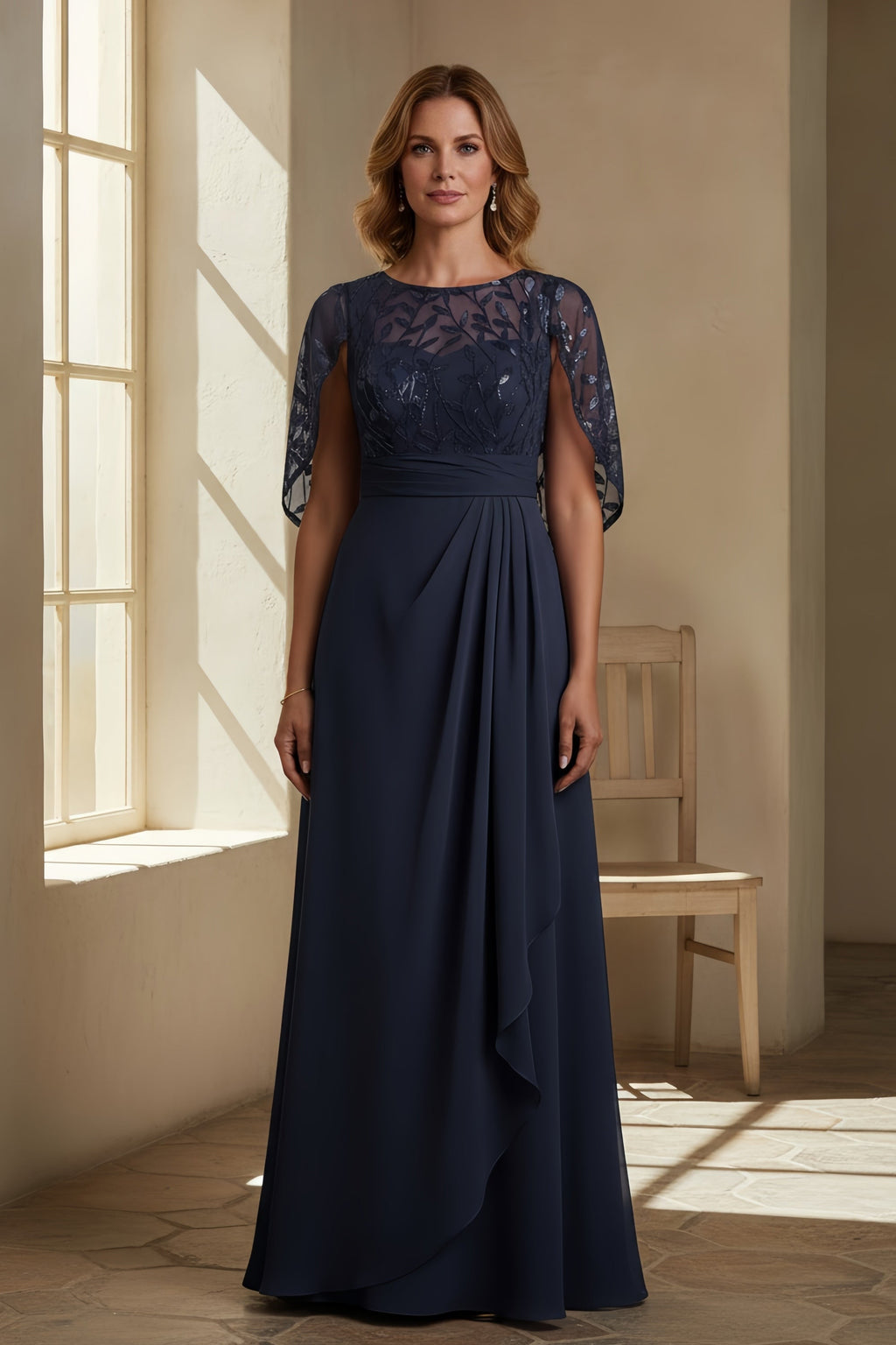 Elegant Embroidered Capelet Overlay Evening Gown with Ruched Waist