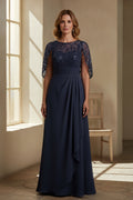 Elegant Embroidered Capelet Overlay Evening Gown with Ruched Waist