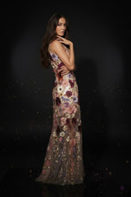 Round Neck Maxi Dress with Illusion Mesh and Floral Appliques