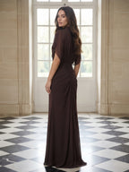 High Neck Draped Capelet Ruched Waist Evening Gown