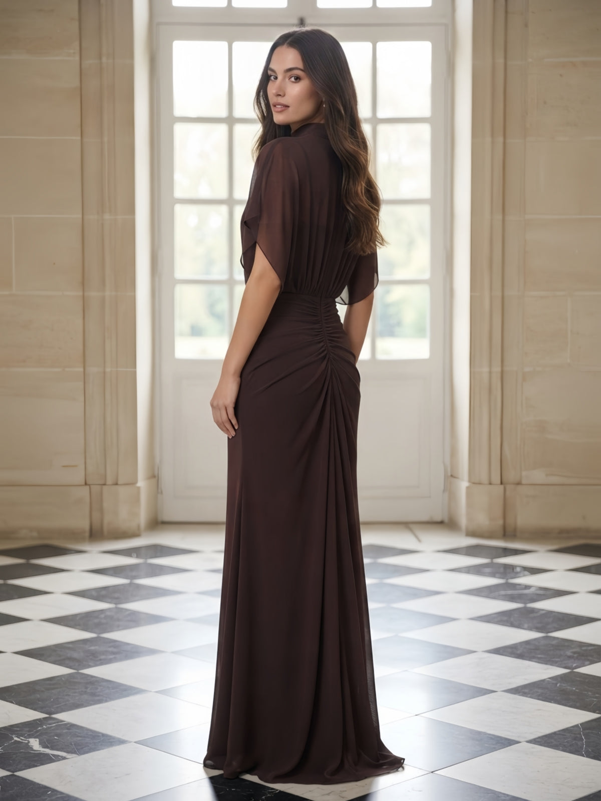 High Neck Draped Capelet Ruched Waist Evening Gown