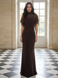 High Neck Draped Capelet Ruched Waist Evening Gown