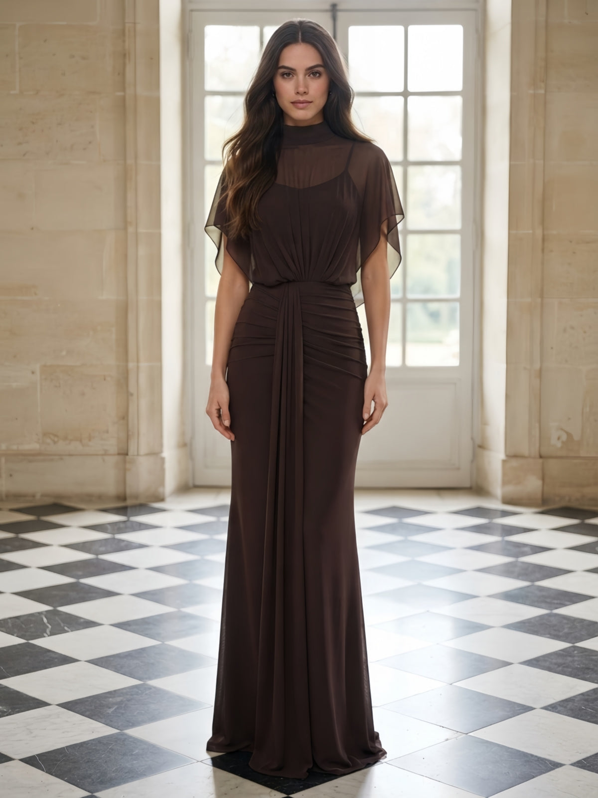 High Neck Draped Capelet Ruched Waist Evening Gown