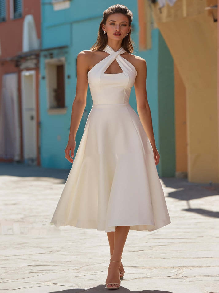 White Satin A Line Halter Midi Engagement Dress – DUNALI
