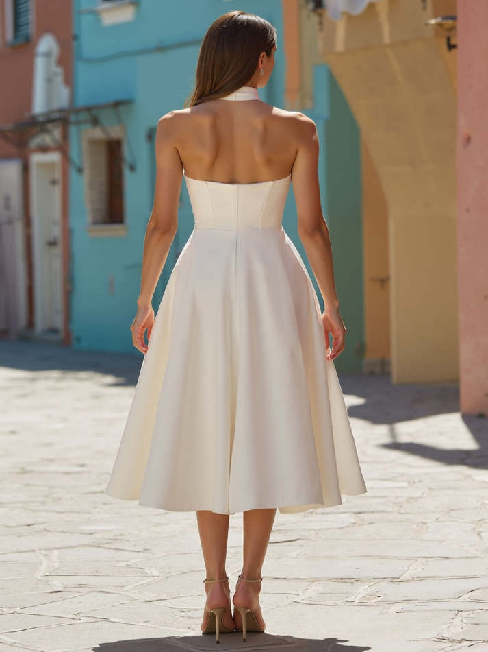 White Satin A Line Halter Midi Engagement Dress – DUNALI