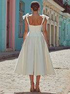 White Satin Corset Thick Straps Midi Engagement Dress with Bows
