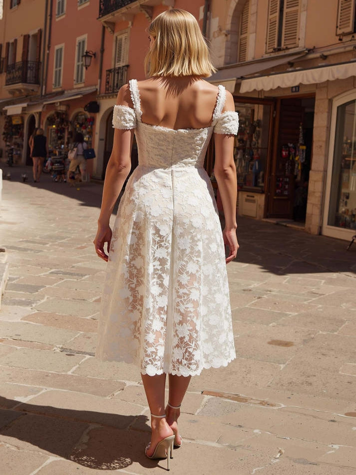 White Cold Shoulder A Line Lace Midi Engagement Dress