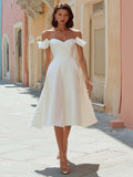 White Off the Shoulder Satin Midi Engagement Dress