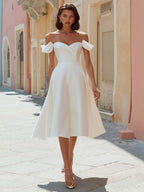 White Off the Shoulder Satin Midi Engagement Dress