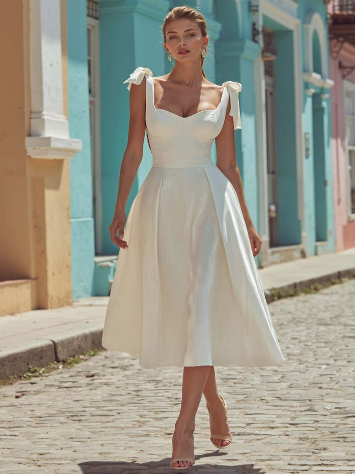 White Satin Backless Thick Straps Midi Engagement Dress with Bows – DUNALI