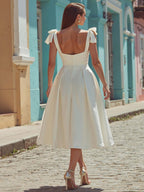 White Satin Backless Thick Straps Midi Engagement Dress with Bows