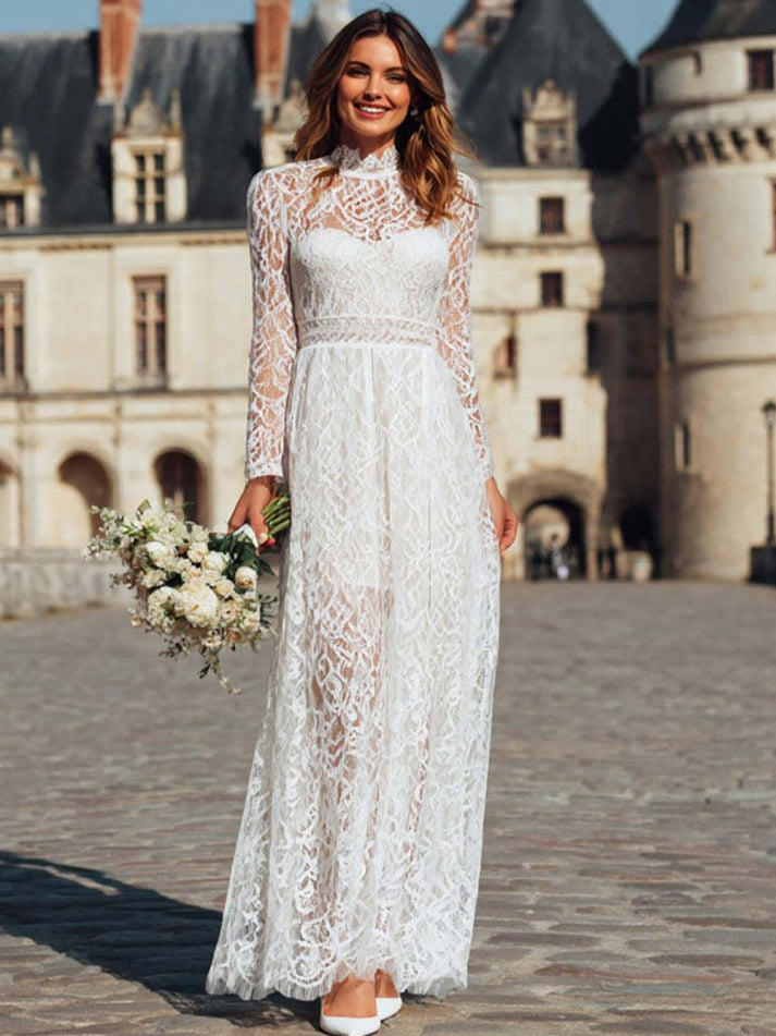 Ivory High Neck Sheath Maxi Boho Wedding Dress with Sleeves