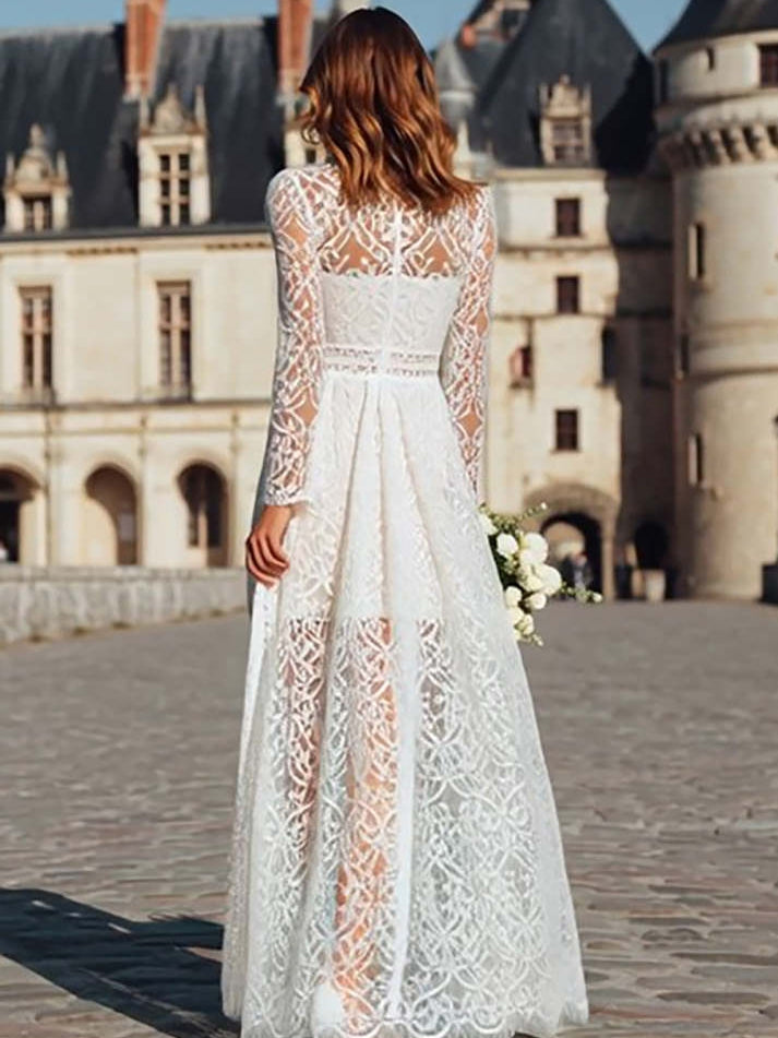 Ivory High Neck Sheath Maxi Boho Wedding Dress with Sleeves