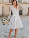 Ivory A Line Lace Midi Boho Wedding Dress with Sleeves