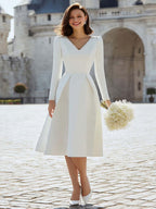 Sparkly Ivory V-Neck A Line Midi Engagement Dress with Sleeves