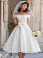 Ivory Off the Shoulder A Line Midi Registry Office Wedding Dress with Bow