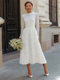 Ivory A Line Lace Round Neck Maxi Boho Wedding Dress with Sleeves