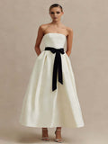 Ivory A Line Strapless Satin Long Elegant Engagement Dress with Bow