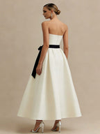 Ivory A Line Strapless Satin Long Elegant Engagement Dress with Bow