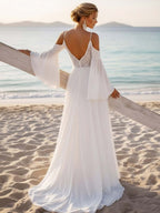 White A Line Cold Shoulder Sweep Train Boho Wedding Dress with Sleeves