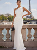 Simple White Mermaid One Shoulder Long Bridal Dress