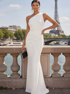 Simple White Mermaid One Shoulder Long Bridal Dress
