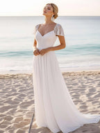 White Chiffon Sheath Long Beach Wedding Dress with Lace