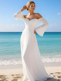 White Chiffon Off the Shoulder Flare Sleeves Long Beach Wedding Dress