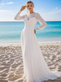 White Chiffon Crew Neck Long Beach Wedding Dress with Sleeves