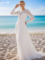 White Chiffon Crew Neck Long Beach Wedding Dress with Sleeves