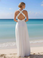 White Chiffon Cross Neck Long Beach Wedding Dress