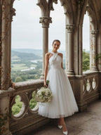 White Tulle A Line Criss Cross Neck Long Wedding Reception Dress