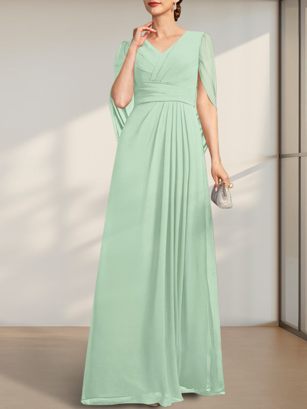 A-Linien V-Ausschnitt bodenlanges Chiffonkleid für die Brautmutter mit Falten