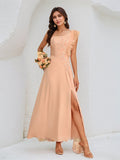 A-Linien Lachsfarbenes Chiffon Ein-Schulter ärmelloses knöchellanges Kleid mit hohem Schlitz