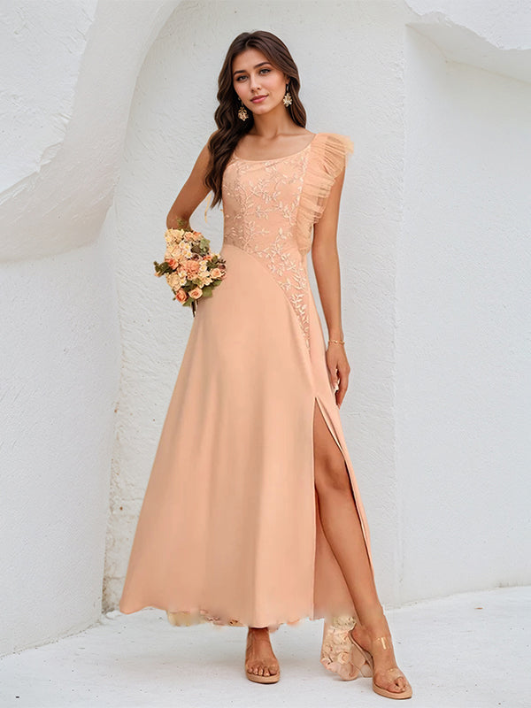 A Line Salmon Chiffon One Shoulder Sleeveless Ankle Length Dress With High Slit