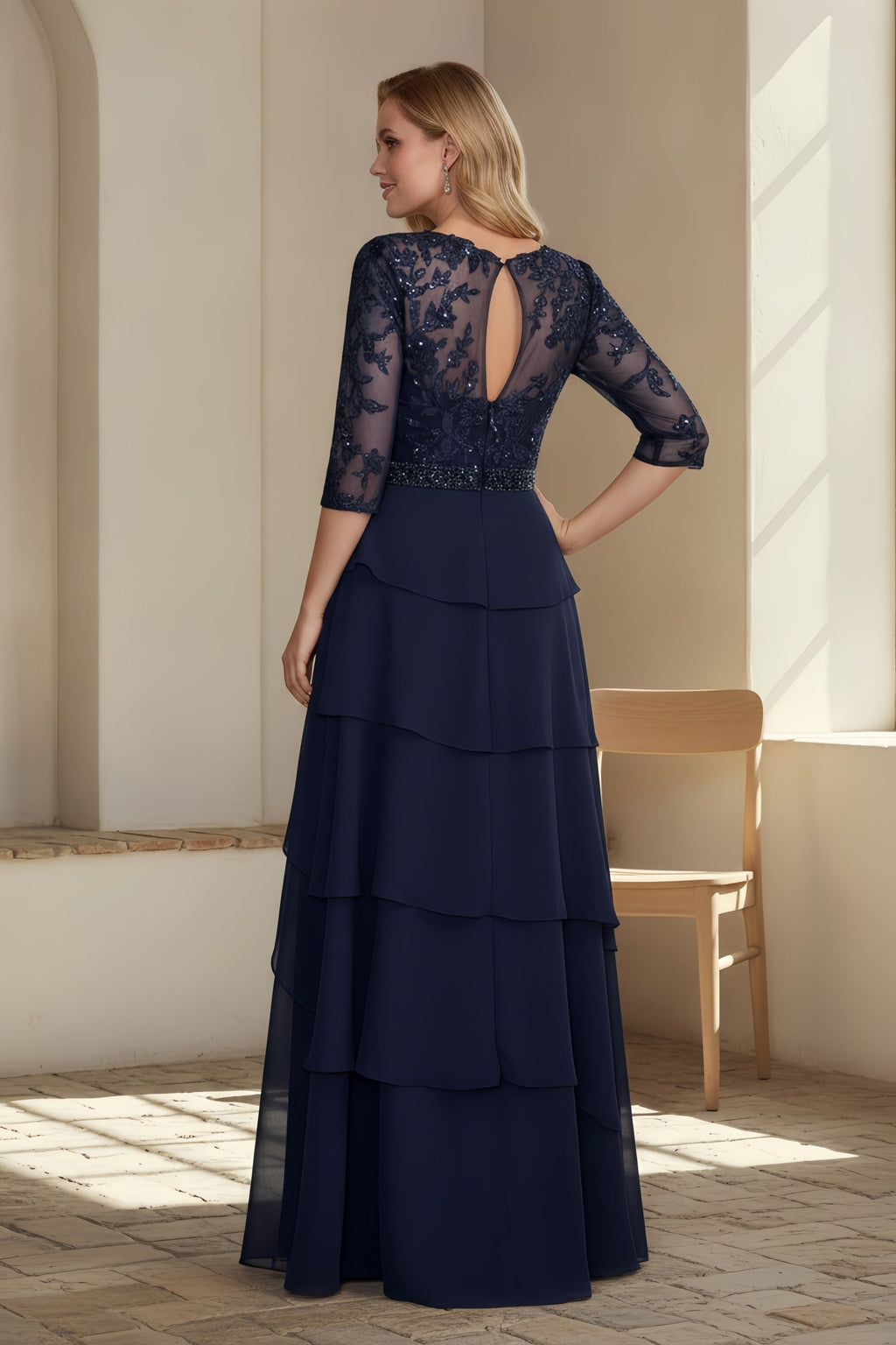 Elegant Lace Sequin Bodice Tiered Skirt Evening Gown