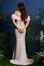 Off-Shoulder Ruffled Neckline Sequin Floor-Length Gown